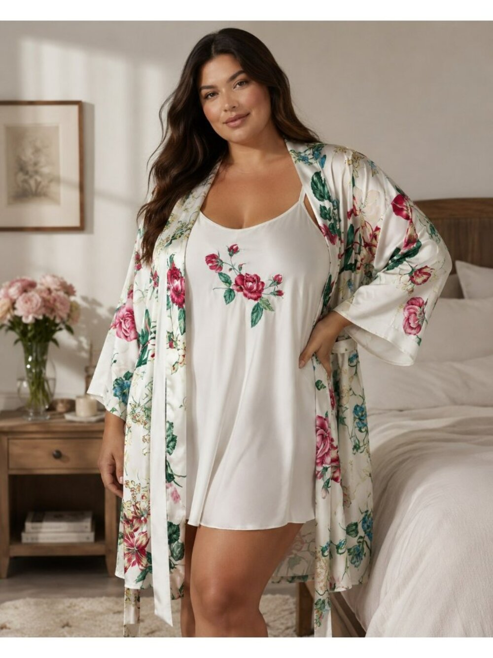 New Natori Private Label White & Floral Print Sleepwear Set With Chemise & Robe